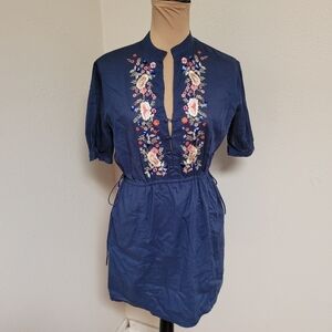 Auguste Navy Blue Dress With Embroidered Flowers, Drawstring Waist, and Pockets
